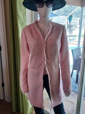VENUS Light Pink Fringe Tweed Blazer Jacket w 3 Hook & Eye Front Closure. Sz. 14